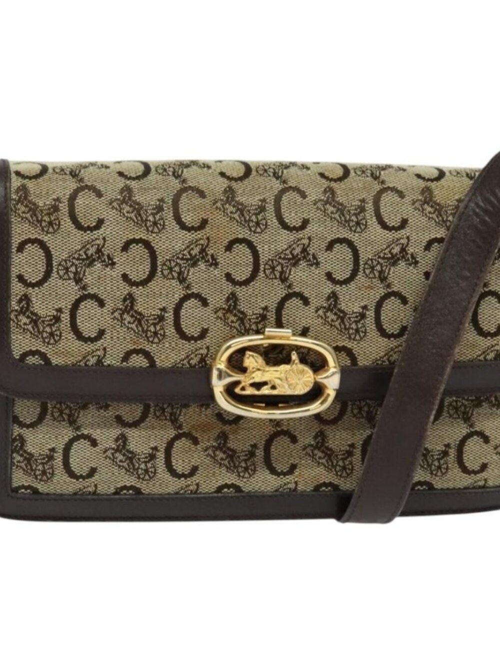 Authentic CELINE C Sulky Shoulder Bag Canvas Brown Gold